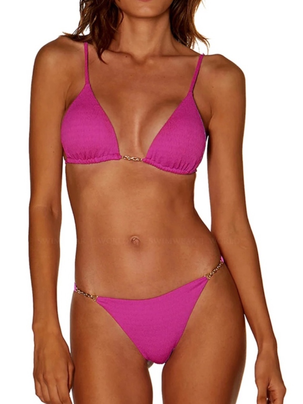 NWT Vix Paula Hermanny Firenze Gold Chain Cheeky Bottoms Textured Pink Small